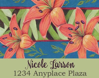 Return Address Labels floral personalized custom square peel and stick daylilies orange blue address label party favor gift label sticker