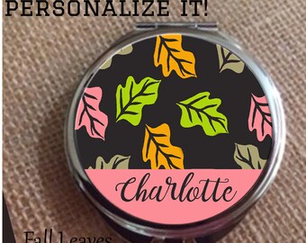 Custom made double sided mirror compact  silver designs fall leaves personalized women  purse mirror compact personalized gift