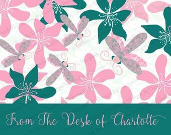 Customized women girl Stationery 6 fold over note cards envelopes lux card pink rose Dragonflies gift box personalized modern floral design