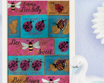 Custom Nursery print bee happy bee sweet bee silly pink teal aqua monarch butterfly ladybugs cute gold newborn gift baby shower kids decor