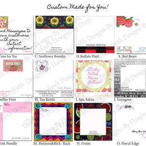 May include: A sheet of 50 custom-designed 3x3 inch sticky notes with various designs, including a basket of yarn, a tea kettle, a sunflower, a buffalo plaid pattern, red roses, a spa salon, a pink poodle, and a floral edge. The text "Custom Made for You!" is at the top of the sheet.
