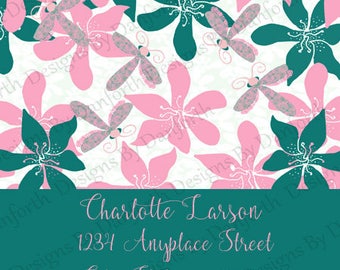 Return Address labels for women and girls stationery stickers peel and stick dragonflies customized modern floral "mother's day gift"