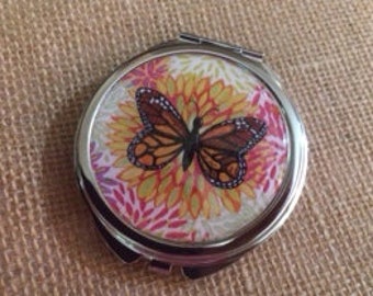 mirror compact monarch butterfly with modern flower gift under 20 dollars rainbow of colors purse mirror women gift double mirror