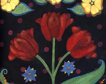 Tulips polka dot thank you card set of 6 100#  lux card linen fold over note card gift box red tulips