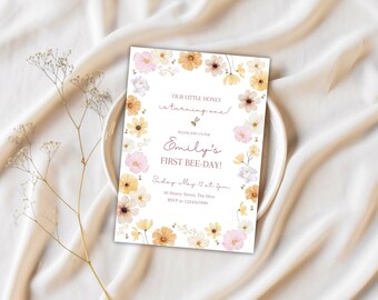 First Bee-Day Party Invitation Printable, Bee-Day Party, First Birthday Invitation, Digital Invitation, Printable Invite, Editable Template