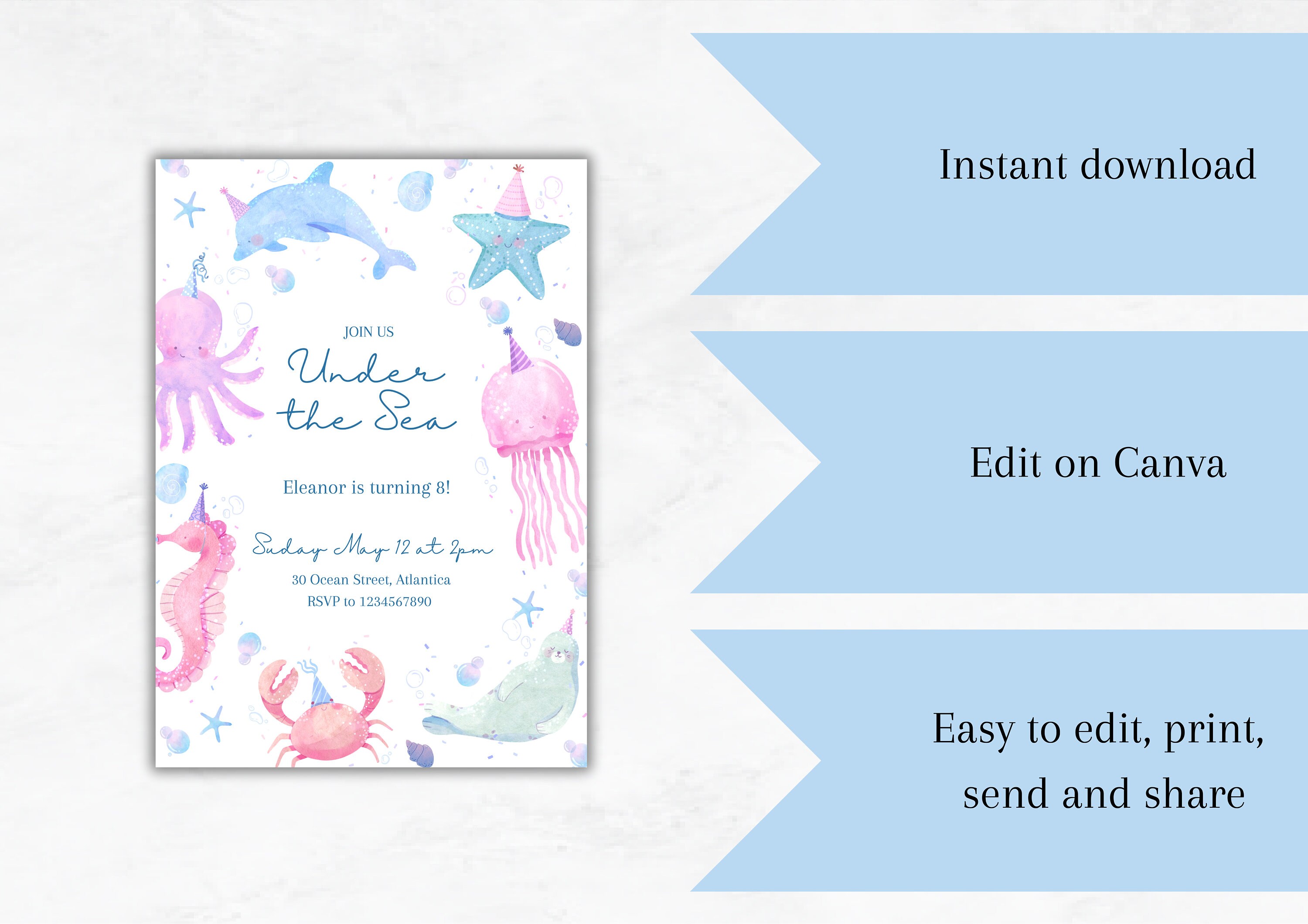 Under the Sea Birthday Invitation Printable, Under the Sea Editable Template, Children's ...