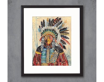 May include: A colorful collage artwork depicting a Native American man wearing a headdress with a hawk perched on his shoulder. The man is wearing a beaded vest and a red and blue patterned shirt. The background is a light brown with a hint of green.