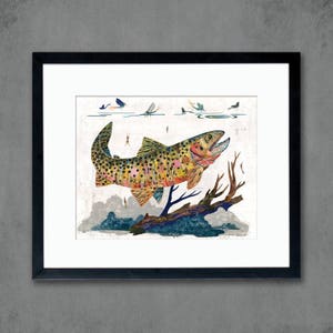 Puede incluir: Una ilustración colorida de una trucha saltando fuera del agua. La trucha está rodeada de pequeños insectos coloridos. El fondo es una acuarela azul y verde.