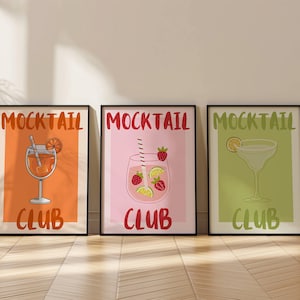 Zestaw 3 kolorowych plakatów na koszyk barowy Mocktail Club do wydrukowania na ścianę Modne dziewczęce nadruki na napoje Estetyczny wystrój kuchni