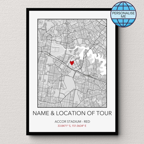 Custom Taylor Swift Location Poster, Personalised Map Print for Swifties, Eras Tour Concert Location Coordinates, Key Date Memory Gift Print