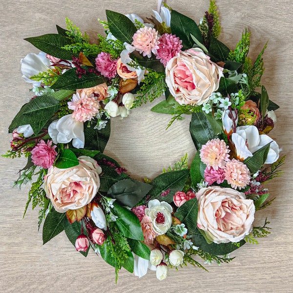 Outdoor Artificial Magnolia Rose Bush | Faux Peony Wedding Day Hanger Bouquet | Summer Pastel Floral Lake Door Wreath | Greenery Deco Bench