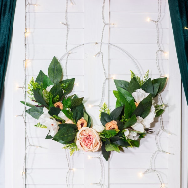 Oval Minimalistic Indoor Floral Wreath | Artificial Magnolia Peony Shabby Chic Bush | Flowering Bushes Decoration | Handarbeit Urban Garden