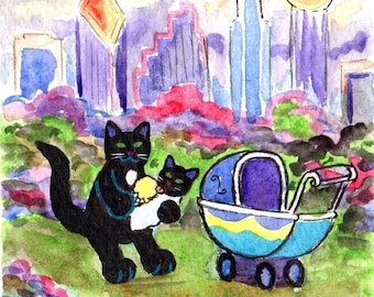 ORIGINAL PAINTING,Black Momma Cat in Dallas, giving her Baby some IceCream to try and Keep that Child Quiet, by D M Laughlin