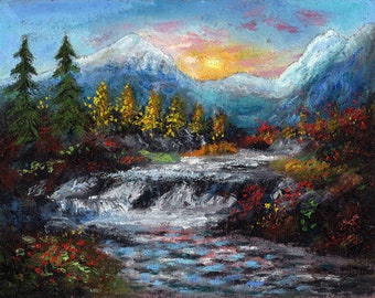 ORIGINAL PAINTING, Waterfall in the Rockies, Lake O'hara, by DM Laughlin