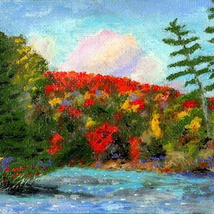 May include: A painting of a forest scene with a river in the foreground. The trees are a mix of green, red, orange, and yellow. There is a white cloud in the sky. The painting is signed "DMcLoughlin" and dated "2019".