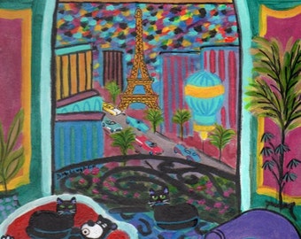 ORIGINAL PAINTING, Three Black Cats on a Vegas Stopover with a Black Bear by the Strip, by DM Laughlin