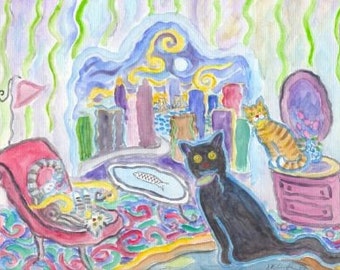 ORIGINAL PAINTING, Jaded Black Cat with Too Many Catnip Mice, by D M Laughlin