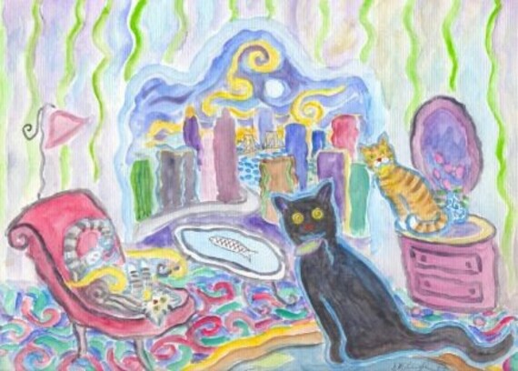 Peinture Originale Blase Chat Noir Avec Trop D Herbe A Etsy