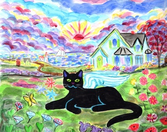 ORIGINAL PAINTING, Black Kitty Angel, in her Old Place to Bless her Family and lay in her Favourite Spot One More Time, by D M Laughlin