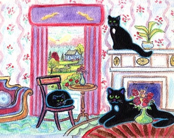 ORIGINAL PAINTING, Black Country Cats, Almost Ready, For Fresh Air, After Rest,  by DM Laughlin