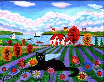 ORIGINAL PAINTING, Black Kitty Angel back to sit in her Sunflowers One More Time, DM Laughlin