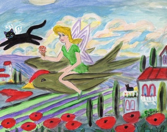 ORIGINAL PAINTING, Pixie on a Ruby-crowned Kinglet over Tuscany with Black Cat Angel and Poppies, by DM Laughlin