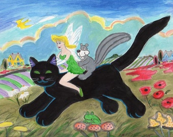 ORIGINAL PAINTING, Pixie on a Black Cat with Long White Gloves, Giving a Squirrel a Ride Through Toadstools, by DM Laughlin
