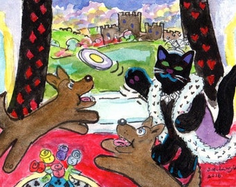 FOLK ART PAINTING,  Black Kitty Queen Elizabeth with Royal Frisbee Corgis and Fresh Roses, A C E O, by D M Laughlin