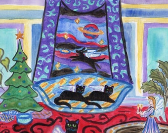 ORIGINAL PAINTING, 3 Black Cat Angels, Christmas, Saturn with Frisbee Dog Christmas Angel, by DM Laughlin