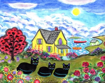 ORIGINAL PAINTING,  Black Momma Cat with her Roses in Bloom at her Place by the Bay, by DM Laughlin