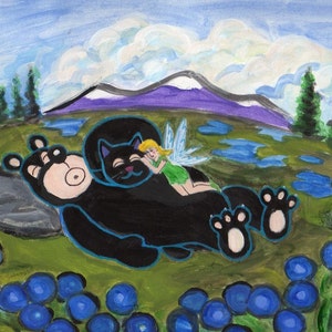 May include: A black bear with a white paw print on its foot is sleeping on a green grassy field. A small fairy with blonde hair and a green dress is sleeping on the bear's back. The background is a blue sky with white clouds and a purple mountain range.