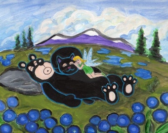 ORIGINAL PAINTING, Black Cat and Pixie, sleeping on a Black Bear in the Blueberry Patch, by D M Laughlin