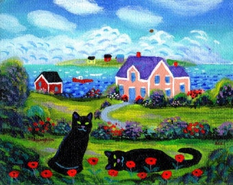 ORIGINAL PAINTING, 2 Black Kitties having a Peachy Time in their Poppies, by DM Laughlin