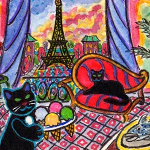 FOLK ART PAINTING, 2 Black Kitties in Paris for Fish Dinner and Ice Cream after a Summer Rain, A C E O, by D M Laughlin