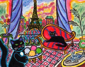 FOLK ART PAINTING, 2 Black Kitties in Paris for Fish Dinner and Ice Cream after a Summer Rain, A C E O, by D M Laughlin