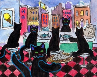 FOLK ART PAINTING, Regular Black Kitty Crowd at Black Cat Diner for Fish and Chips, A C E O, by D M Laughlin