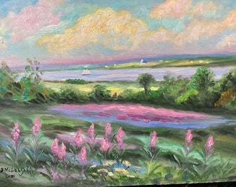 ORIGINAL PAINTING, July Fireweed by the River, by DM Laughlin