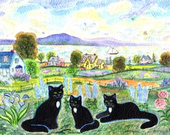 ORIGINAL PAINTING,  Black Kitty Family enjoying a Nice Sunny Day by the Bay in Their Flower Garden, by DM Laughlin