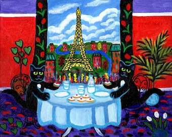 ORIGINAL PAINTING, Two Black Kitties stopping in Paris for Milk and Cookies, by DM Laughlin