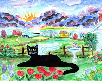 ORIGINAL PAINTING, Black Kitty Angel, Old Garden, Poppy Time, Bless her Favourite Place and Family,  by DM Laughlin