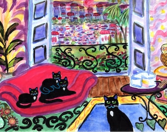 ORIGINAL PAINTING, Black Momma Cat in Portofino with Family and Owl ready for Cake, by D M Laughlin