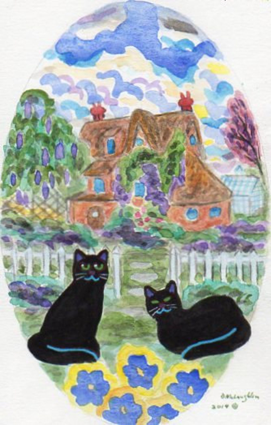 ORIGINAL PAINTING 2 Black Cats With Violas and Wisteria on Etsy