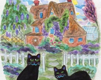 ORIGINAL PAINTING, 2 Black Cats with Violas and Wisteria on their Cottage, by DM Laughlin