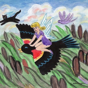 May include: A watercolor painting of a fairy riding a black bird with wings. The fairy has blonde hair and is wearing a purple dress. The bird is flying over a field of tall green reeds. A black cat with wings is flying in the background.