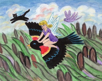 ORIGINAL PAINTING, Pixie on a Red-winged Blackbird riding Through the Cat-tails with a Black Cat Angel, by DM Laughlin