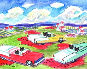 ORIGINAL PAINTING,  Black Cats in 3 55 Chevys Spinning up the Poppies in Tuscany,  by D M Laughlin