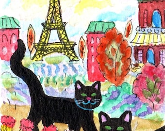 FOLK ART PAINTING,  2 Black Cats in Paris in Time for Spring Tulips, A C E O, by D M Laughlin