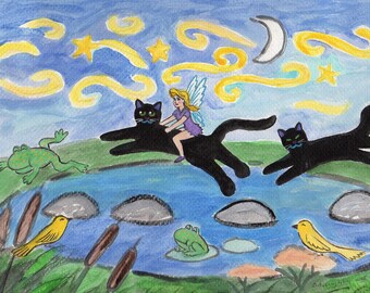 ORIGINAL PAINTING, Pixie and Black Cats in the Toady Frog Pond with Yellow Warblers, by DM Laughlin