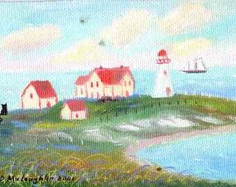 ORIGINAL PAINTING, Black Kitty Lighthouse Mouse Catcher on a Break, by DM Laughlin