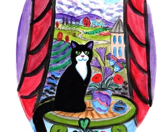 ORIGINAL PAINTING, Black Rescue Kitty from the Shelter in her New Furrever Home, Sunny Window, by DM Laughlin